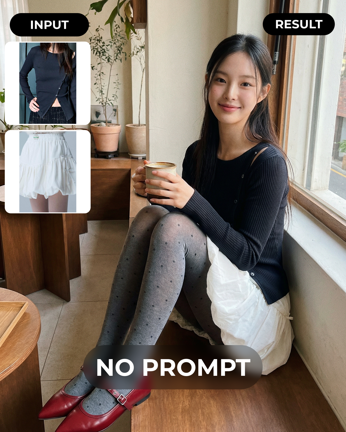 입력 이미지 — 블랙 니트+화이트 스커트 플랫레이를 라온젠에 업로드, 카페 배경 자동 생성