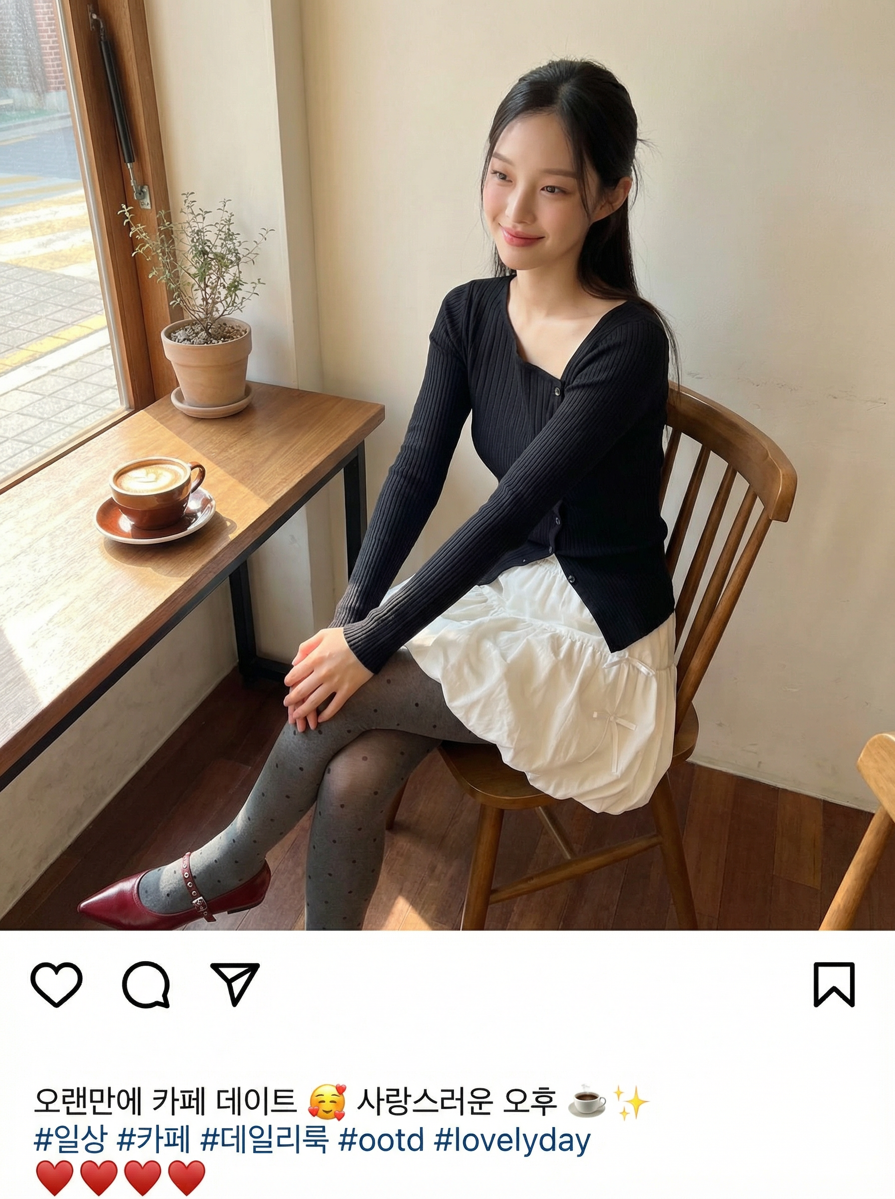 인스타그램 게시물 형태, 캡션: "오랜만에 카페 데이트 🥰"