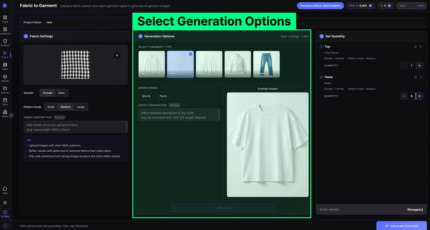 Generation options area — pick garment type, choose a recommended design, stack with Add Option