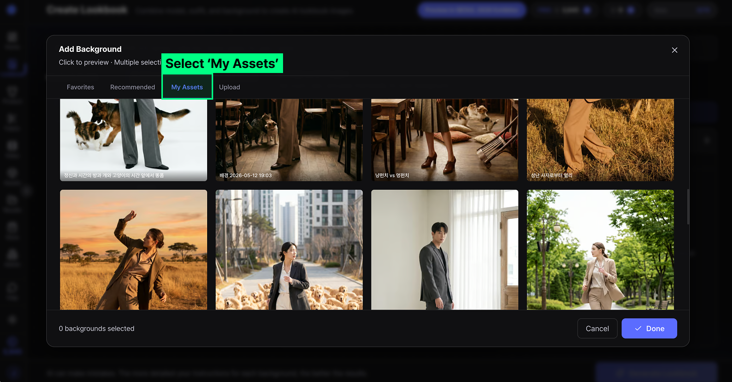 Generation screen — My Assets tab in the selection modal