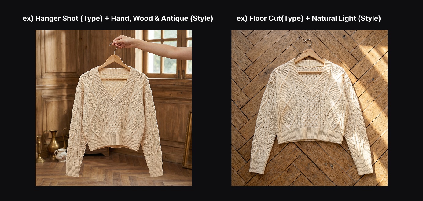 Type + detail settings examples — comparing hanger, flatlay, and other detail-setting combinations