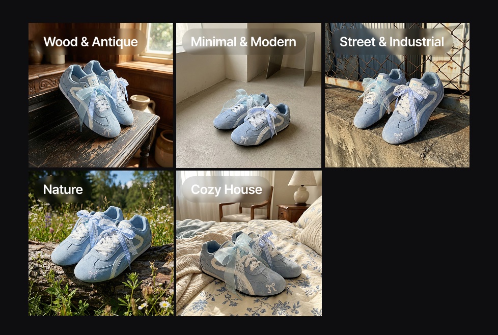 Styled-object space concept examples — wood & antique, minimal & modern, nature, and other concepts compared