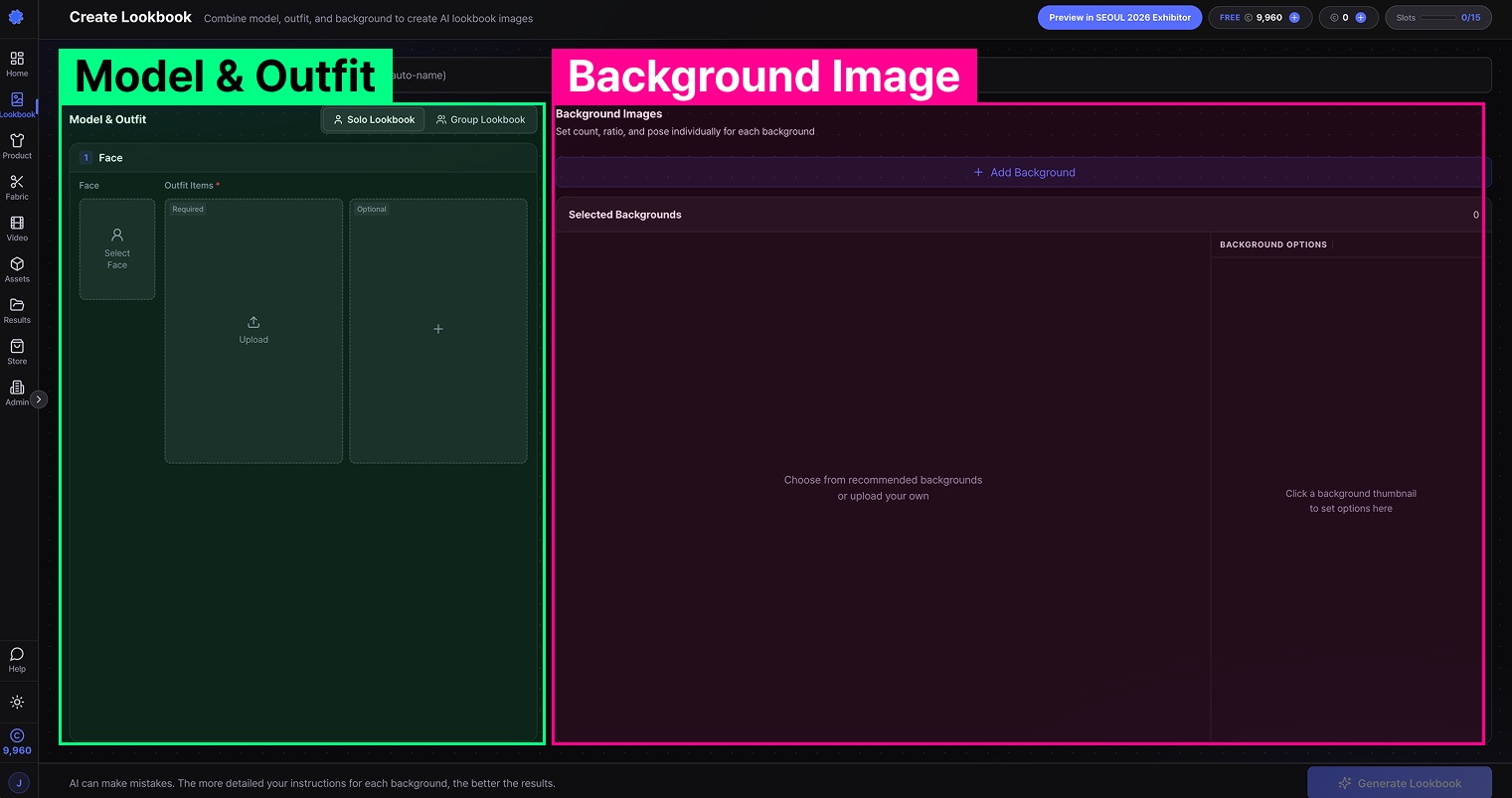 Create Lookbook screen — Model & Outfit on the left, Background on the right